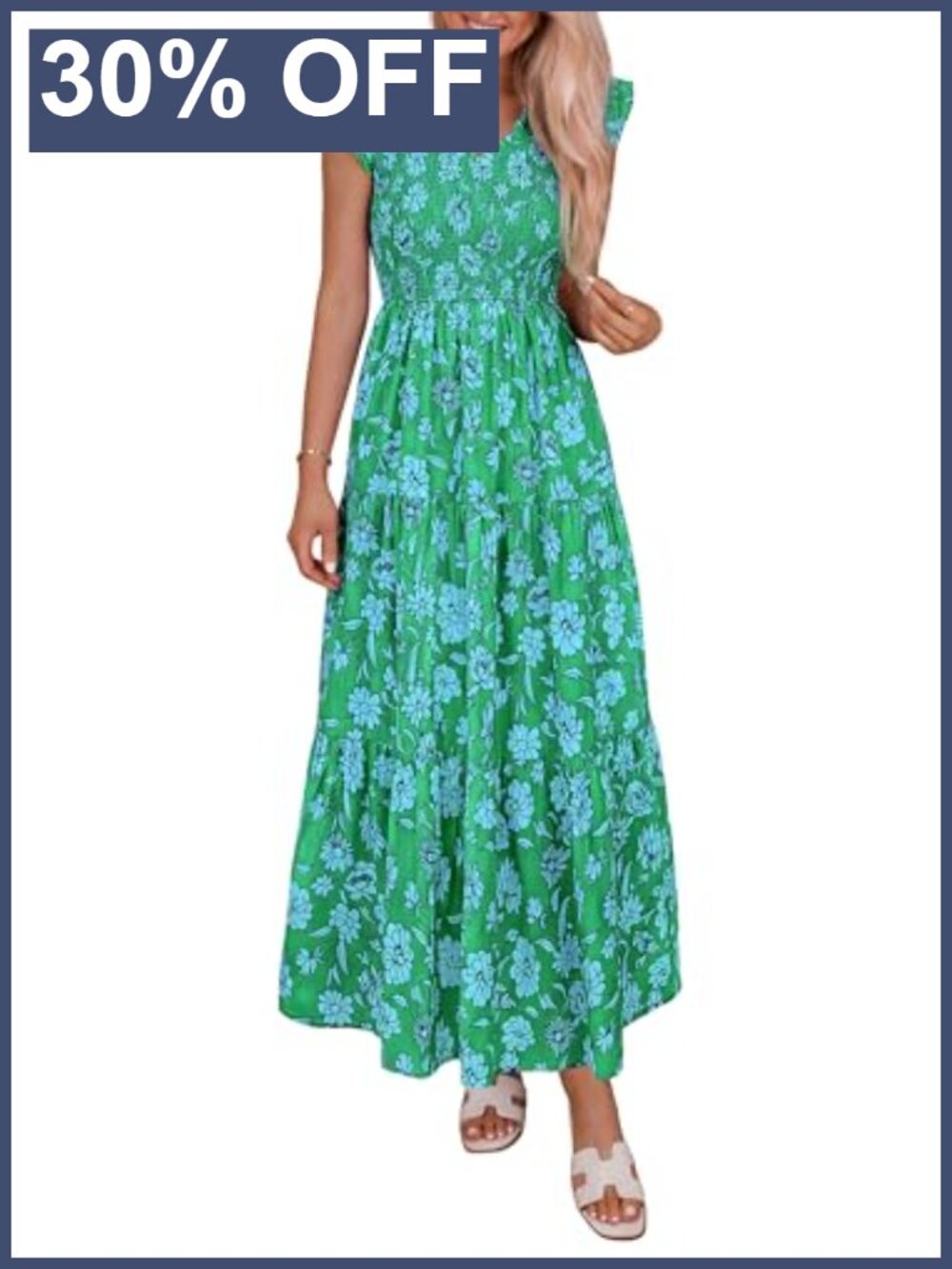 Women's Bohemian Floral Cotton Maxi Dress Smocked V-Neck